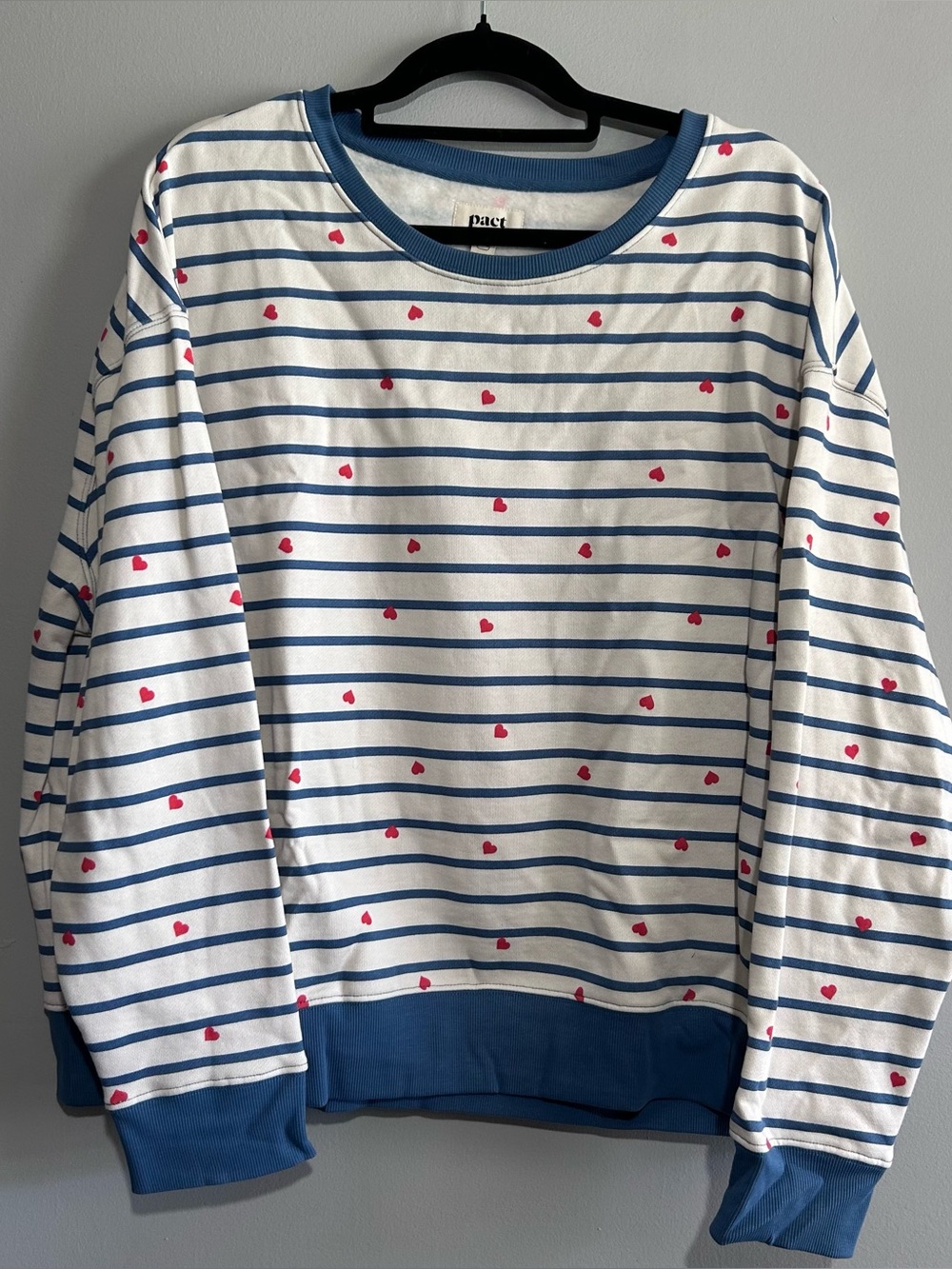PACT Organic Cotton Heart Stripe Sweatshirt XXL Blue White Cozy Pullover